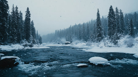 A serene winter landscape featuring a snow-covered river surrounded by tall evergreen trees. The mystical atmosphere is enhanced by falling snowflakes.の素材