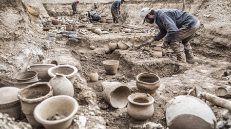 Workers engage in an archaeological dig, meticulously uncovering pottery and artifacts from the soil. The scene captures the essence of historical exploration and cultural preservation.の素材