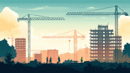 A stunning urban construction scene at dusk, featuring silhouettes of workers and cranes against a colorful skyline, symbolizing progress and development.の素材