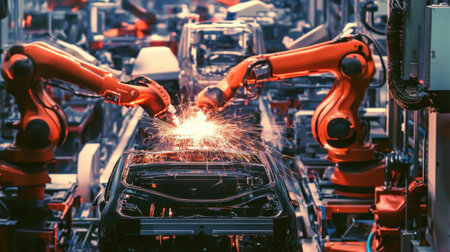 A dynamic view of robotic arms working in an automotive factory, demonstrating advanced technology and efficiency in car manufacturing, featuring sparks and metal components.の素材