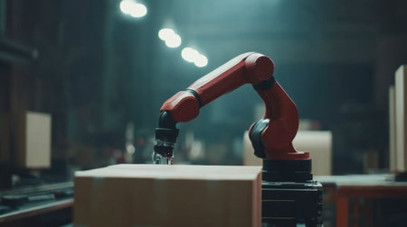 A red robotic arm operates efficiently in a dimly lit industrial space, showcasing modern automation in manufacturing. Perfect for technology-themed projects.の素材
