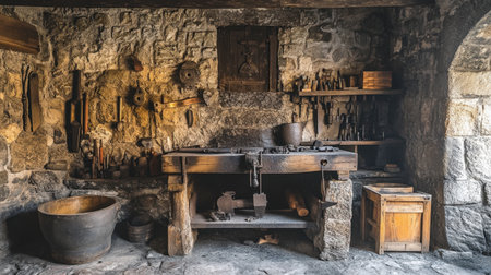 A rustic workshop featuring a sturdy wooden table surrounded by various tools and stone walls, capturing the essence of traditional craftsmanship and artistry.の素材