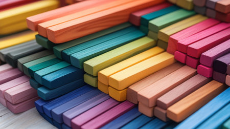 A close-up view of vibrant, stacked wooden blocks showcasing a variety of colors. Ideal for themes of creativity, education, and play. Perfect for art and craft projects.の素材