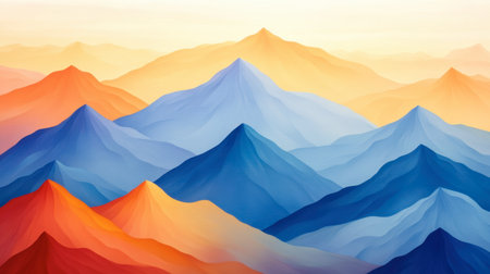 Vibrant mountain landscape features soft color gradients in blue, orange, and red. Ideal for projects related to nature, tranquility, and outdoor themes.の素材