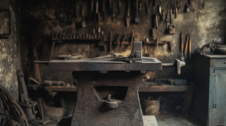 A rustic workshop featuring a heavy anvil surrounded by an array of tools. The atmosphere reflects craftsmanship and traditional metalworking techniques, inviting creativity.の素材