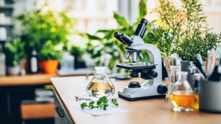 A modern laboratory featuring a microscope surrounded by plants and glassware. Perfect for themes of research, biology, and environmental studies.の素材