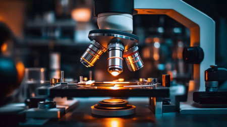 A close-up view of a microscope set up in a laboratory, showcasing its lenses and illuminated stage. Perfect for themes of research and scientific inquiry.の素材