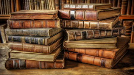 A beautiful collection of antique books stacked on a wooden table, showcasing rich textures and historical charm perfect for literary themes or education.の素材