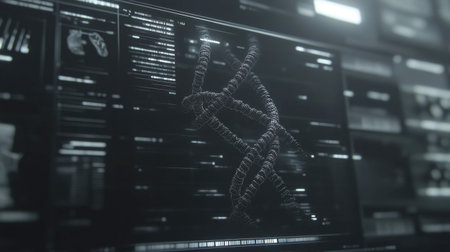 An abstract depiction of DNA in a digital environment, showcasing technology and innovation in biotechnology and genetics. Perfect for scientific themes.の素材