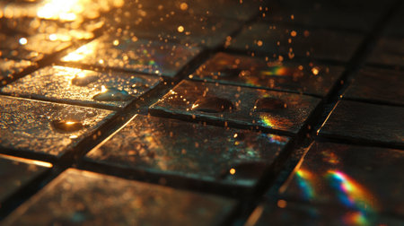 Glimmering rain droplets rest on a textured surface, capturing light in a beautiful display. The enchanting colors and reflections create a serene atmosphere.の素材