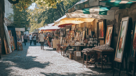 A picturesque street scene featuring an outdoor art market. Stalls lined with colorful artworks and crafts invite visitors to explore under sunlit trees.の素材