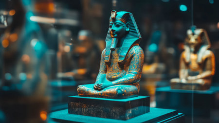 A stunning ancient Egyptian statue displayed in a museum, showcasing intricate details and rich colors. A perfect representation of historical artistry and culture.の素材