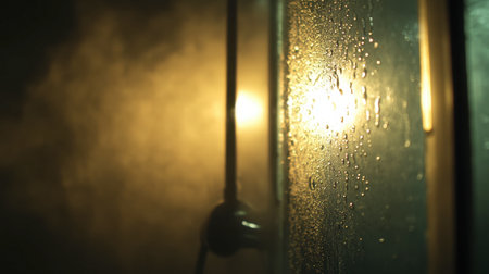 A close-up view of a glass surface covered in condensation, illuminated by a warm light. The steamy atmosphere creates an inviting and soothing environment.の素材