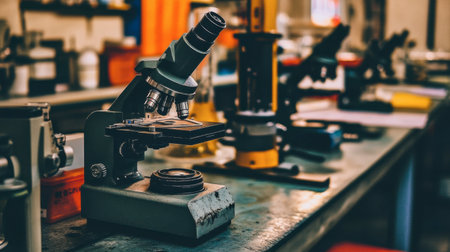 A detailed view of a scientific microscope in a laboratory, showcasing equipment used for research and analysis. Perfect for educational and scientific themes.の素材
