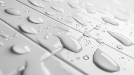 Close-up of water droplets resting on a smooth surface, creating a serene and fresh atmosphere. The reflective nature and texture highlight purity and elegance.の素材