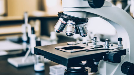 A close-up view of a modern laboratory microscope showcases its detailed parts, highlighting its role in scientific research and education. Perfect for themes of analysis and discovery.の素材