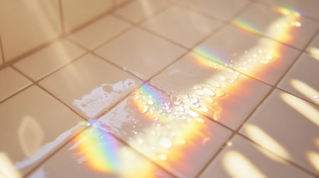 A serene view of a wet tile floor showcasing beautiful rainbow reflections in soft sunlight. The vibrant colors create a calming and artistic atmosphere.の素材