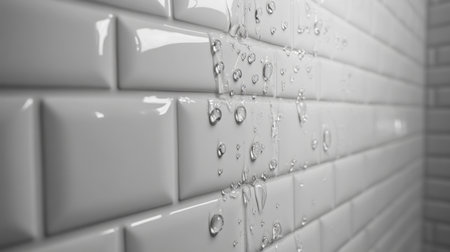 Close-up view of water droplets glistening on a glossy white tile surface, creating a clean and modern aesthetic perfect for bathroom interiors.の素材