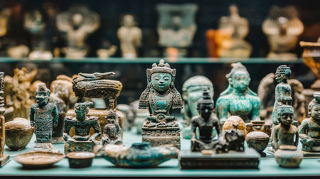 Discover a captivating collection of ancient artifacts displayed in a museum exhibit, highlighting the rich history and craftsmanship of past civilizations.の素材