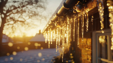 Captivating image of icicles hanging from a roof, illuminated by warm sunset light. The scene captures winter beauty with sparkling droplets and soft ambiance.の素材