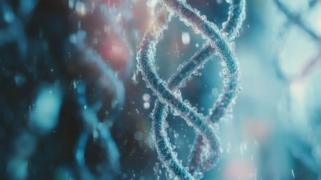 A mesmerizing close-up of a twisted DNA helix surrounded by crystal-like water droplets, showcasing the intricate beauty of molecular biology and genetics.の素材