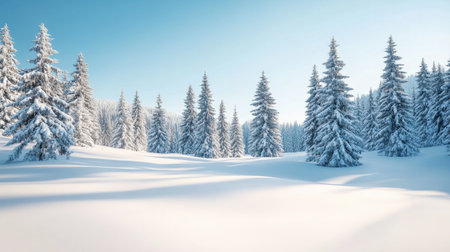 A beautiful winter landscape showcasing snow-covered pine trees under a clear blue sky, creating a peaceful and serene atmosphere in nature.の素材