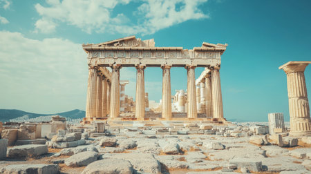 Explore the stunning ruins of an ancient temple in Greece, surrounded by beautiful clouds and majestic columns. A perfect site for history enthusiasts.の素材