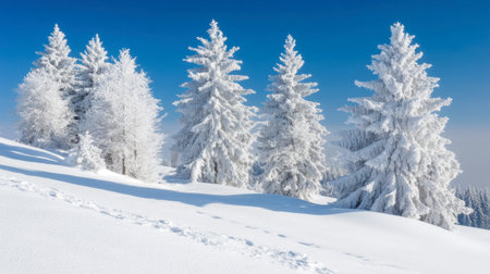 A breathtaking winter scene featuring snow-covered trees under a bright blue sky. Perfect for highlighting the beauty of nature and cold weather.の素材