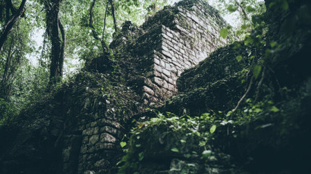 Discover the enchanting beauty of ancient stone ruins enveloped by lush greenery. This captivating image invites exploration of a hidden archaeological site.の素材