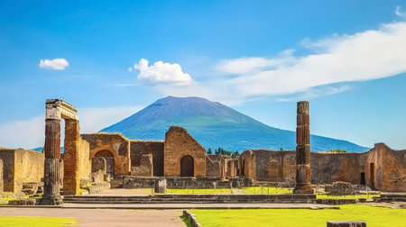 Captivating view of ancient ruins with a majestic volcano in the background. This stunning landscape showcases history, architecture, and natural beauty.の素材