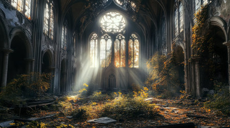 Explore the serene beauty of an abandoned church, illuminated by soft sunlight streaming through ornate windows, framed by lush overgrowth and remnants of history.の素材