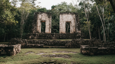 Explore the serene beauty of ancient ruins nestled in lush greenery. This archaeological site offers a glimpse into the history and culture of a lost civilization.の素材