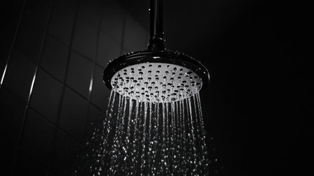 Stunning black and white image of a modern showerhead with droplets cascading down. Perfect for themes of hygiene, relaxation, and contemporary bathroom design.の素材