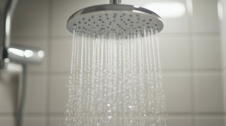 Close-up view of a modern shower head releasing water droplets. The image captures the essence of relaxation and hygiene in a sleek bathroom setting.の素材