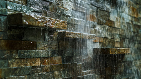 A serene waterfall cascading over rustic stone, creating a peaceful and tranquil atmosphere. Ideal for nature, design, and relaxation themes.の素材