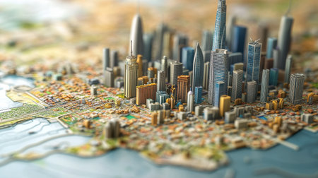 A detailed cityscape model showcasing modern architecture, vibrant streets, and surrounding waterways, perfect for exploring urban planning and design concepts.の素材