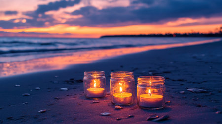 A tranquil beach at sunset featuring lit candles in glass jars. The scene captures the serene beauty of nature and evokes a peaceful atmosphere ideal for relaxation and reflection.の素材