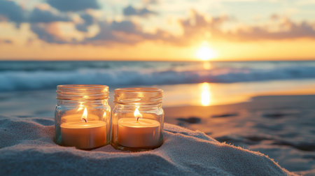 Two glowing candles illuminate a sandy beach at sunset, creating a romantic and serene atmosphere. Gentle waves reflect the warm colors of the sky.の素材