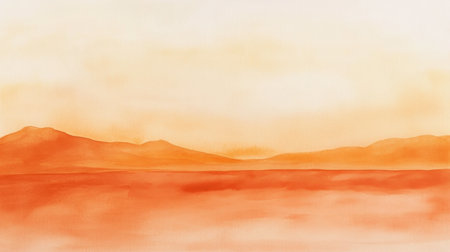 This serene watercolor landscape features soft orange tones and a gentle horizon, creating a tranquil and warm atmosphere perfect for any artistic needs.の素材
