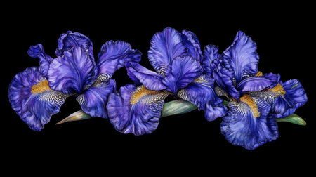 A stunning arrangement of vibrant purple iris flowers highlighted against a stark black background, showcasing intricate details and textures in nature's beauty.の素材