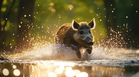 A wild boar splashes through shallow water, capturing the essence of nature's beauty at sunset. The scene evokes a sense of energy and freedom.の素材