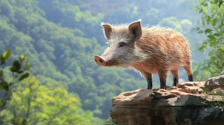 A young wild boar curiously explores a rocky outcrop in a vibrant green forest. The scene showcases the beauty of wildlife in its natural habitat.の素材