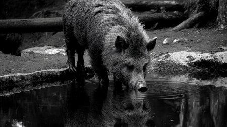 A solitary wild boar stands at the edge of a calm water body, creating a stunning reflection. The monochrome setting enhances the serene atmosphere of nature.の素材