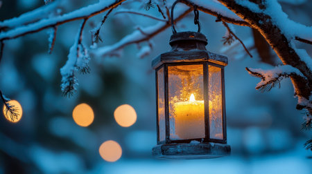A beautiful lantern with a glowing candle hangs from a snowy branch, creating a cozy and serene atmosphere in a winter landscape. Perfect for seasonal themes.の素材