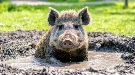 A joyful pig relaxes in a muddy bath surrounded by greenery. The image captures the essence of farm life and nature, showcasing serenity and leisure.の素材