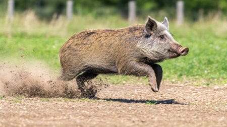 A wild boar gracefully runs across a lush green field, showcasing its powerful build and agility in a natural environment, embodying freedom and life in the wild.の素材