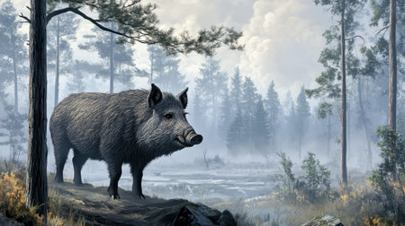 A wild boar stands majestically in a misty forest, surrounded by towering trees and a tranquil landscape. This scene captures the essence of nature's untouched beauty.の素材