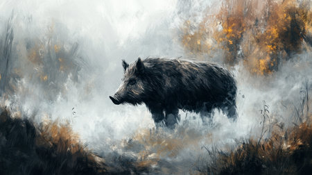 A majestic wild boar stands amidst a misty forest landscape, evoking a sense of tranquility and wildness. The scene captures the beauty of nature in a foggy setting.の素材