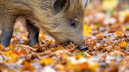 A close-up view of a wild boar exploring the ground covered in vibrant autumn leaves. The furry animal's nose is captured in detail, showcasing its curiosity and connection to nature.の素材