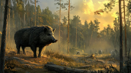A majestic wild boar stands amidst a serene forest, illuminated by the warm glow of a sunset. The tranquil scene captures the beauty of nature and wildlife.の素材